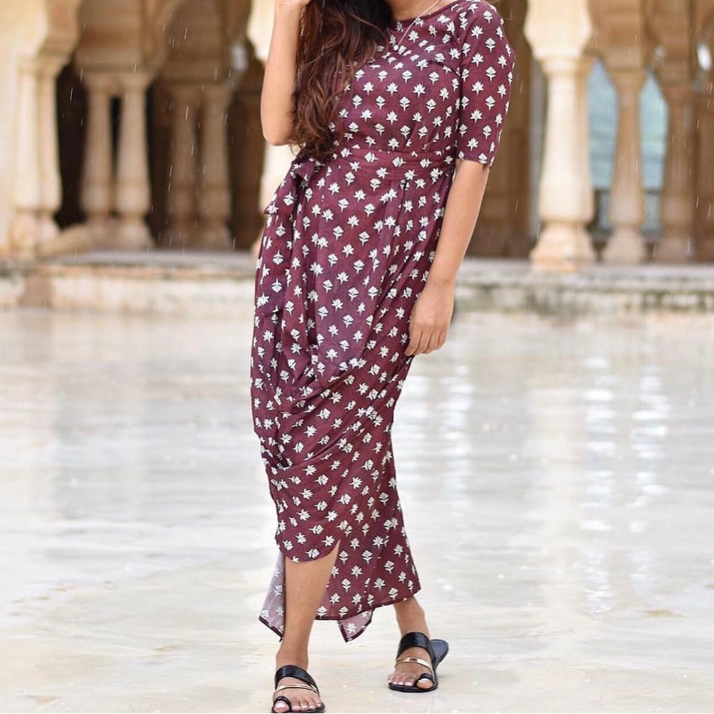 INDYA Midi Blockprint dress with tie